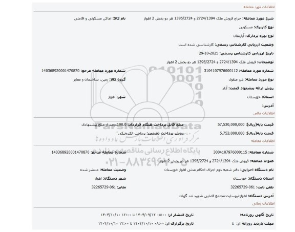 مزایده، فروش ملک 2724/1394  و 1395/2724  هر دو بخش  2  اهواز