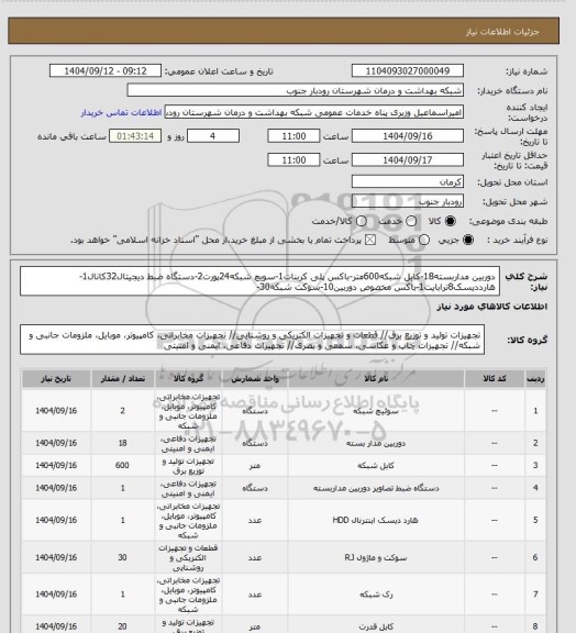 استعلام دوربین مداربسته18-کابل شبکه600متر-باکس پلی کربنات1-سویچ شبکه24پورت2-دستگاه ضبط دیجیتال32کانال1-هارددیسک8ترابایت1-باکس مخصوص دوربین10-سوکت شبکه30-