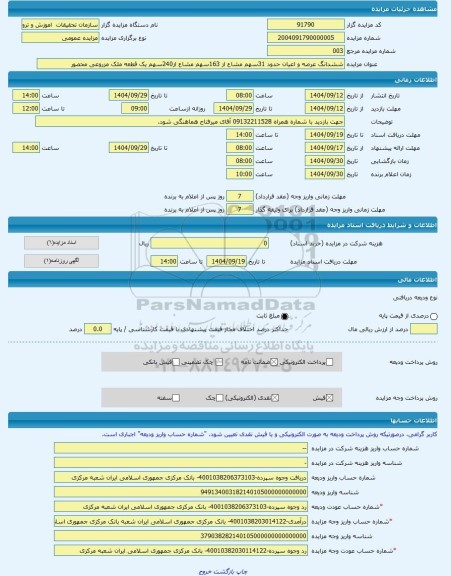مزایده ، ششدانگ عرصه و اعیان حدود 31سهم مشاع از 163سهم مشاع از240سهم یک قطعه ملک مزروعی محصور -مزایده زمین و مستحدثات  - استان م