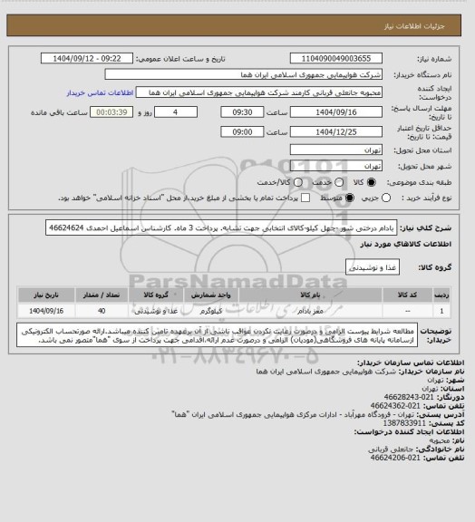 استعلام بادام درختی  شور -چهل کیلو-کالای انتخابی جهت تشابه. پرداخت 3 ماه.	کارشناس اسماعیل احمدی 46624624