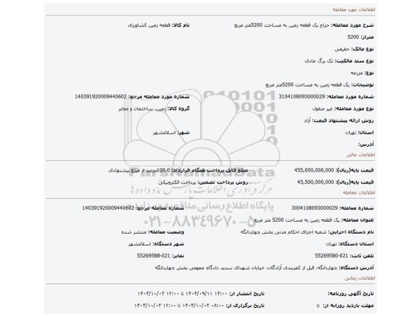 مزایده، یک قطعه زمین به مساحت 5200متر مربع