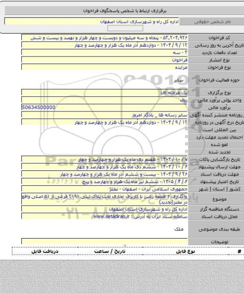 مزایده, واگذاری ۶ قطعه زمین با کاربری تجاری تحت پلاک ثبتی ۲۱۹۱ فرعی از ۵۱ اصلی واقع در نطنز(تجدید)