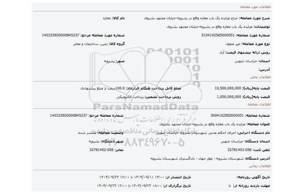 مزایده، مزایده یک باب مغازه واقع در بشرویه-خیابان مجتهد بشروی