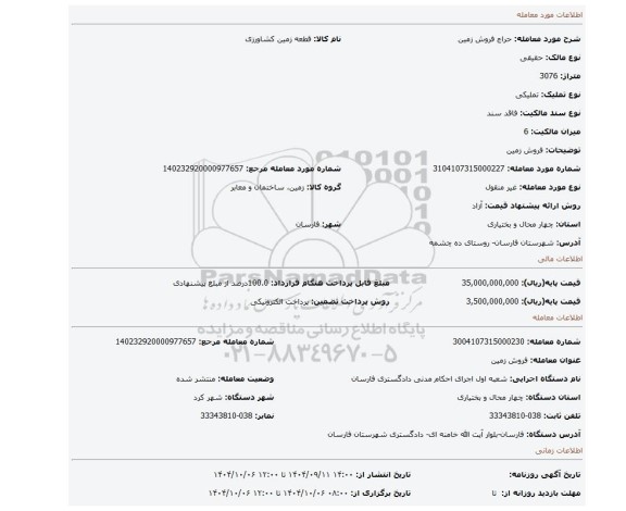 مزایده، فروش زمین