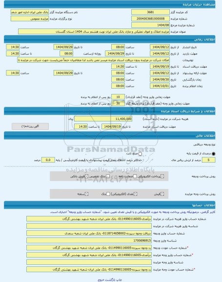 مزایده ، مزایده املاک و اموال تملیکی و مازاد بانک ملی ایران نوبت هشتم سال 1404 استان گلستان -مزایده آپارتمان  - استان گلستان