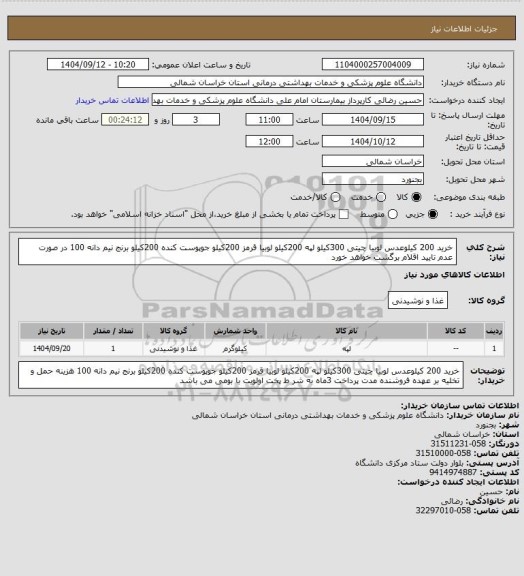 استعلام خرید 200  کیلوعدس لوبیا چیتی 300کیلو لپه 200کیلو لوبیا قرمز 200کیلو جوپوست کنده  200کیلو برنج نیم دانه 100   در صورت عدم تایید اقلام برگشت خواهد خورد