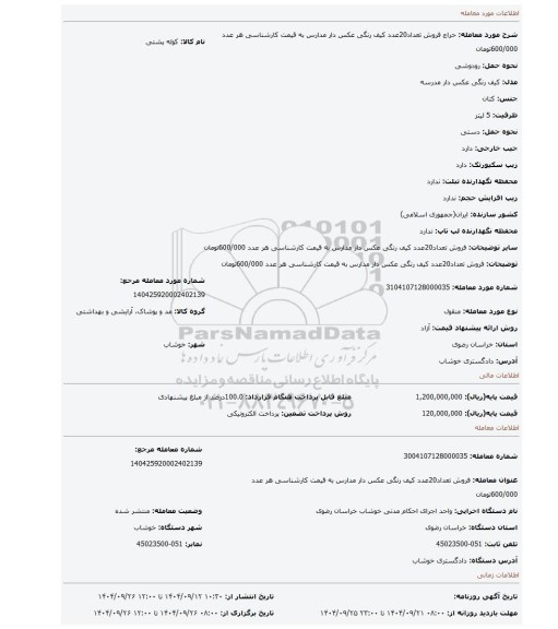 مزایده،  فروش تعداد20عدد کیف رنگی عکس دار مدارس به قیمت کارشناسی هر عدد 600/000تومان