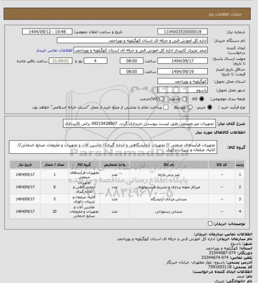 استعلام تجهیزات میز وصندلی طبق لیست پیوستی خریداری گردد. 09215428607 براتی کارپردازی