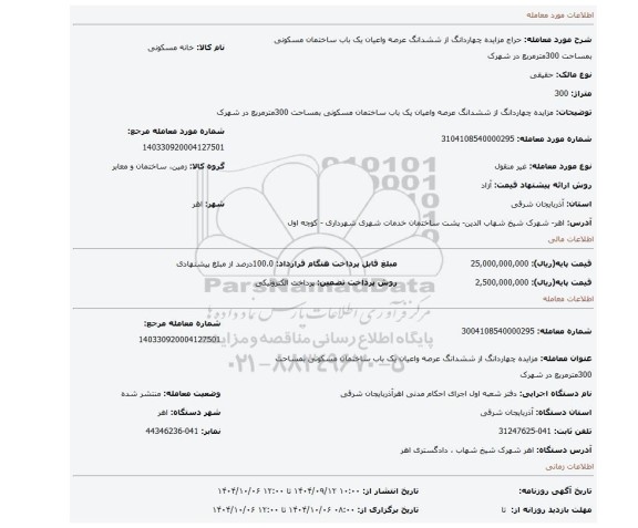 مزایده، مزایده چهاردانگ از ششدانگ عرصه واعیان یک باب ساختمان مسکونی  بمساحت 300مترمربع در شهرک