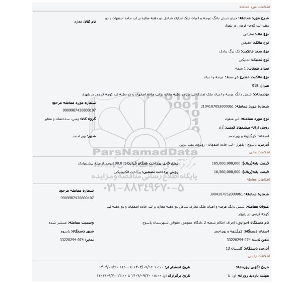 مزایده، شش دانگ عرصه و اعیان ملک تجاری شامل دو دهنه مغازه بر لب جاده اصفهان و دو دهنه لب کوچه فرعی در بلهزار