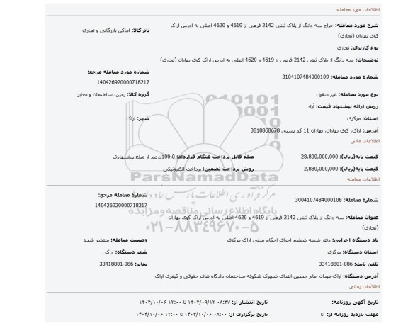 مزایده، سه دانگ از پلاک ثبتی 2142 فرعی از 4619 و 4620 اصلی به ادرس اراک کوی بهاران (تجاری)