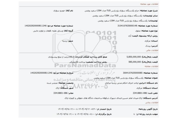 مزایده، یکدستگاه سواری پژو پارس  TU5-مدل 1394-سفید روغنی
