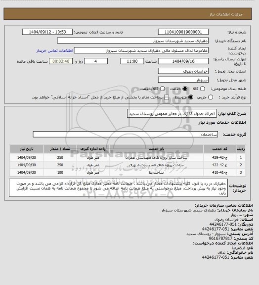 استعلام اجرای جدول گذاری در معابر عمومی روستای سدید