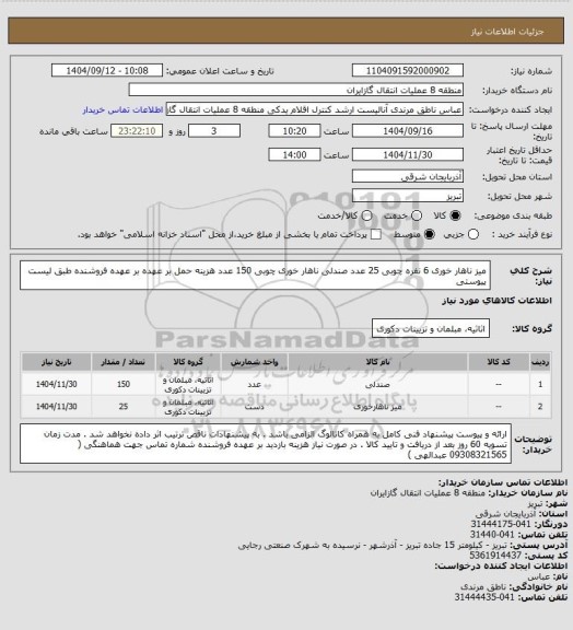 استعلام میز ناهار خوری 6 نفره چوبی 25 عدد 
صندلی ناهار خوری چوبی 150 عدد
هزینه حمل بر عهده بر عهده فروشنده طبق لیست پیوستی
