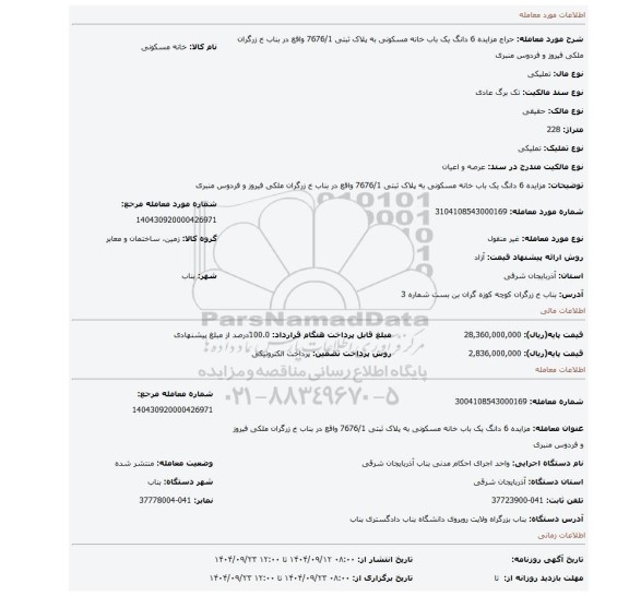 مزایده، مزایده 6 دانگ یک باب خانه مسکونی به پلاک ثبتی 7676/1 واقع در بناب خ زرگران ملکی فیروز و  فردوس منبری