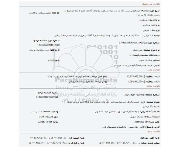مزایده، فروش ششدانگ یک باب منزل مسکونی  یک واحد آپارتمان متراژ 197.5 متر مربع در خیابان جانبازان 20 در قاین