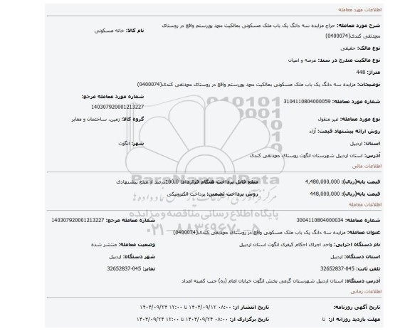 مزایده، مزایده سه دانگ یک باب ملک مسکونی بمالکیت محمد پوررستم واقع در روستای محمدتقی کندی(0400074)