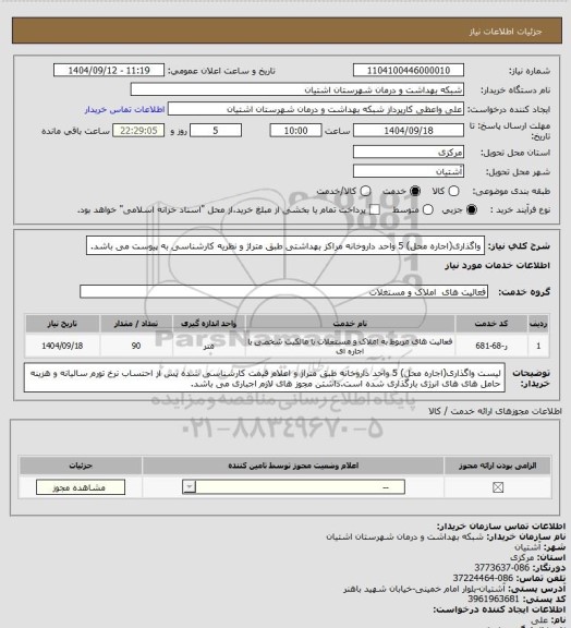 استعلام واگذاری(اجاره محل) 5 واحد داروخانه مراکز بهداشتی طبق متراژ و نظریه کارشناسی به پیوست می باشد.