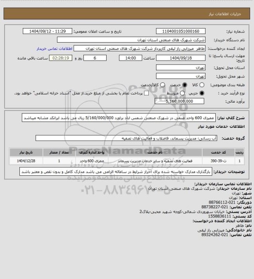 استعلام ممیزی 600 واحد صنفی در شهرک صنعتی شمس اباد براورد 5/160/000/000 ریال می باشد  ایرانکد  مشابه میباشد