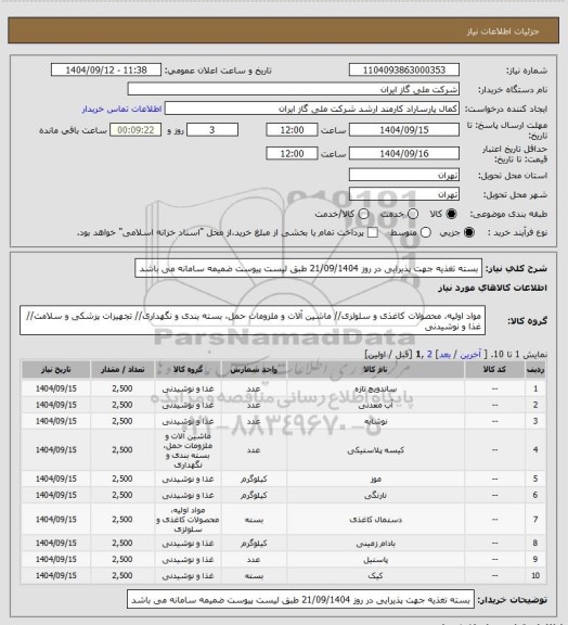 استعلام بسته تغذیه جهت پذیرایی در روز 21/09/1404 طبق لیست پیوست ضمیمه سامانه می باشد