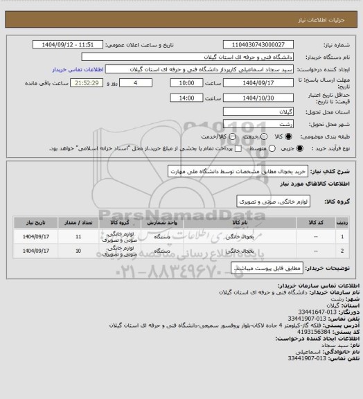استعلام خرید یخچال مطابق مشخصات توسط دانشگاه ملی مهارت