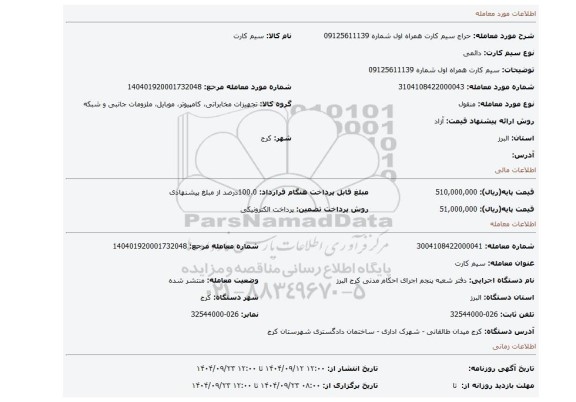 مزایده، سیم کارت همراه اول شماره 09125611139
