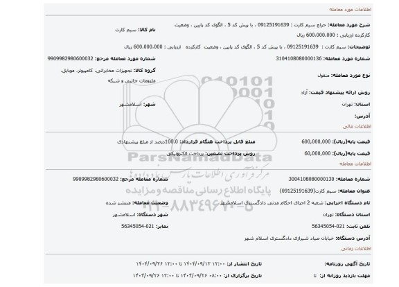 مزایده، سیم کارت :  09125191639 ، با پیش کد 5 ، الگوی کد پایین ، وضعیت  کارکرده   ارزیابی : 600،000،000 ریال