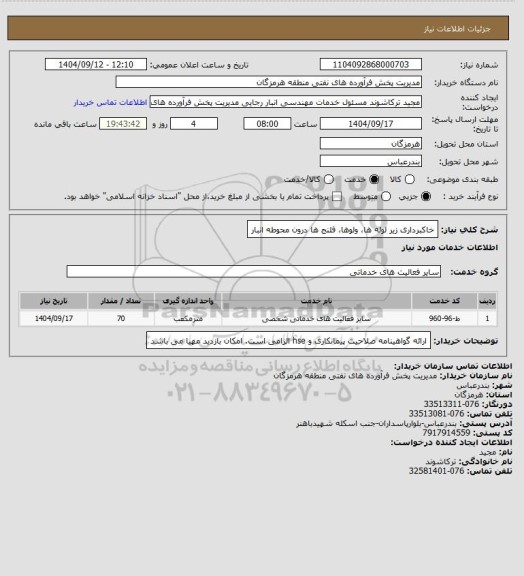 استعلام خاکبرداری زیر لوله ها، ولوها، فلنج ها درون محوطه انبار