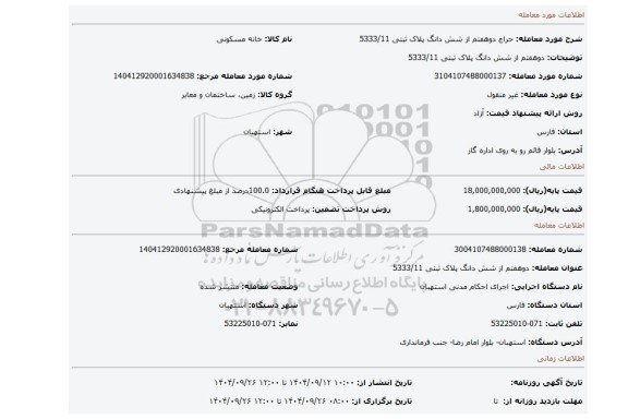 مزایده، دوهفتم از شش دانگ پلاک ثبتی 5333/11