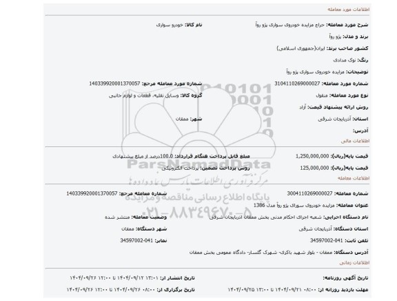 مزایده، مزایده خودروی سواری پژو روآ