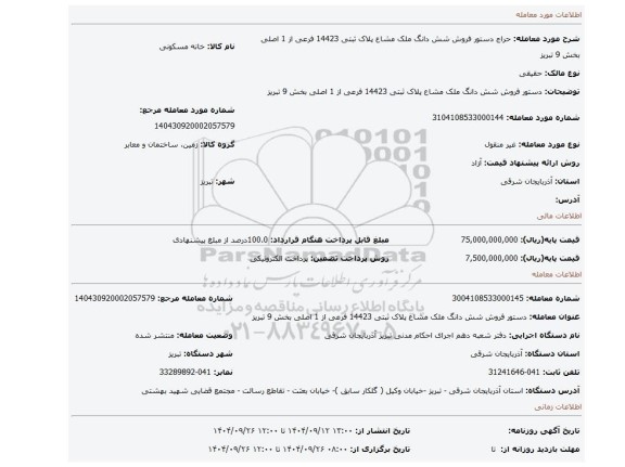 مزایده، دستور فروش شش دانگ ملک مشاع پلاک ثبتی 14423 فرعی از 1 اصلی بخش 9 تبریز