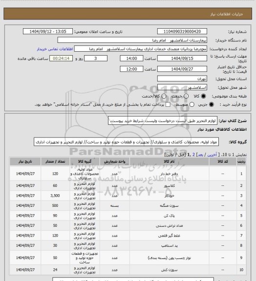 استعلام لوازم التحریر طبق لیست درخواست ولیست شرایط خرید پیوست.