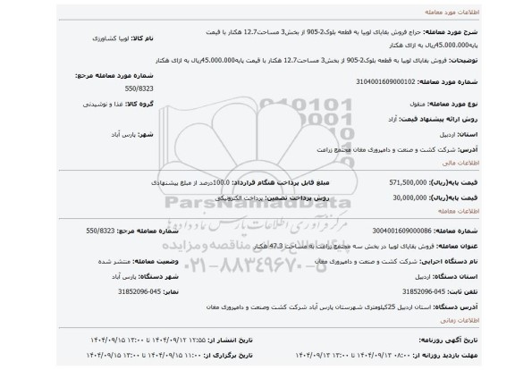 مزایده، فروش بقایای لوبیا به قطعه بلوک2-905 از بخش3 مساحت12.7 هکتار با قیمت پایه45.000.000ریال به ازای هکتار