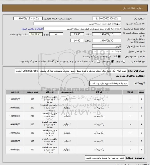 استعلام خرید انواع رنگ جهت رنگ آمیزی دیوارها و غیره سطح شهر مطابق توضیحات مدارک پیوستی 09378157566 زارعی