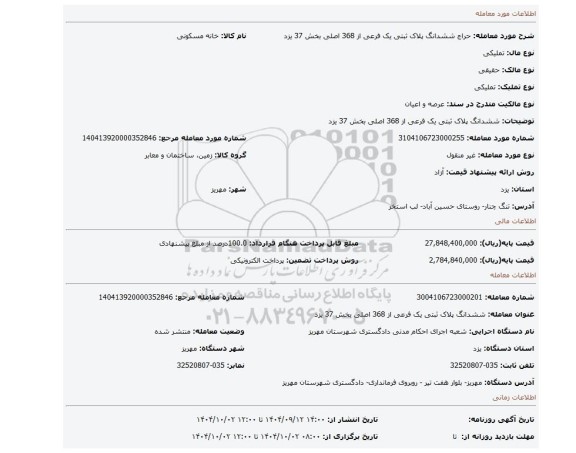 مزایده، ششدانگ پلاک ثبتی یک فرعی از 368 اصلی بخش 37 یزد