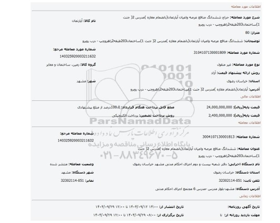 مزایده، ششدانگ منافع عرصه واعیان آپارتمان(بانضمام مغازه )مدرس 2( جنت 1)ساختمان203طبقه2راهروچپ - درب روبرو