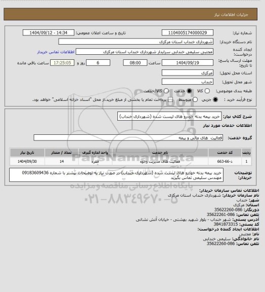 استعلام خرید بیمه بدنه خودرو های لیست شده (شهرداری خنداب)