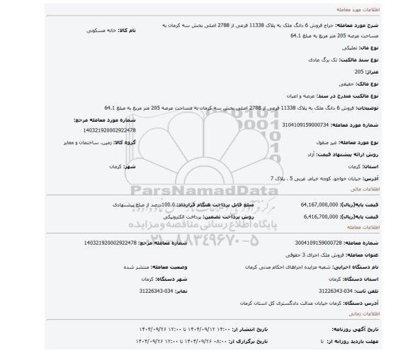 مزایده، فروش 6 دانگ ملک به پلاک 11338 فرعی از 2788 اصلی بخش سه کرمان به مساحت عرصه 205 متر مربع به مبلغ 64.1