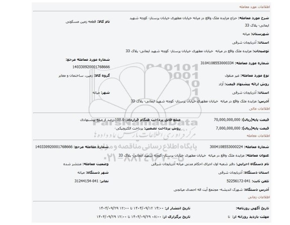 مزایده، مزایده ملک واقع در میانه  خیابان مطهری خیابان پرستار- کوچه شهید ایمانی- پلاک 33