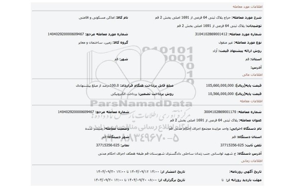 مزایده، پلاک ثبتی 64 فرعی از 1691 اصلی بخش 2 قم