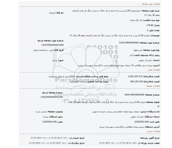 مزایده، مزایده 0.29 بیست و نه صدم از یک دانگ از ششد دانگ یک واحد آپارتمان معلم 18 پلاک 17