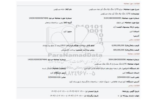 مزایده، 1/75 دانگ  از6 دانگ  آپار تمان مسکونی