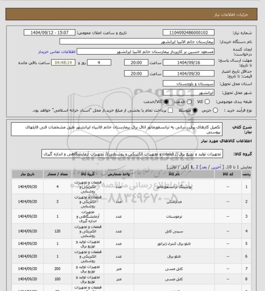 استعلام تکمیل کارهای برق رسانی به ترانسفورماتور اتاق برق بیمارستان خاتم الانبیاء ایرانشهر طبق مشخصات فنی فایلهای پیوستی