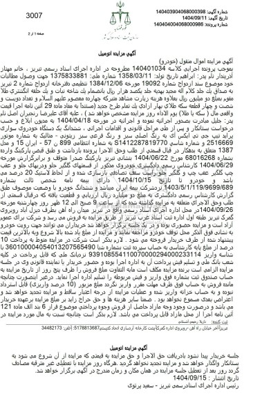 مزایده ششدانگ یک دستگاه خودروی سواری پراید تیپ جی تی ایکس 