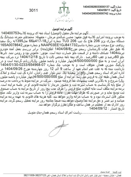 مزایده ششدانگ یک دستگاه سواری پژو 206 هاچ بک TU3 206 