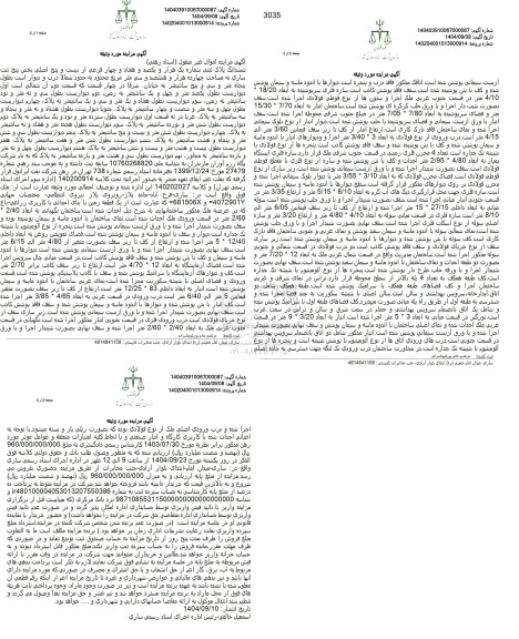 مزایده ششدانگ پلاک ثبتی شماره یک هزار و یکصد و هتفادو چهار فرعی از بیست و پنج اصلی 