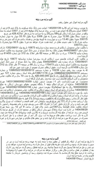 مزایده شش دانگ خانه مسکونی به پلاک ثبتی و فرعی از 3307 اصلی بخش 20 