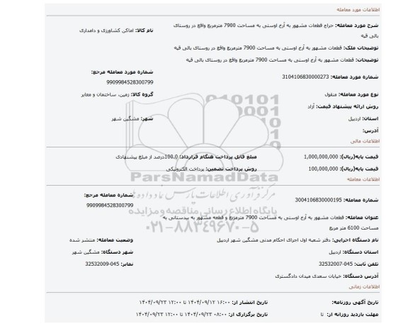 مزایده، قطعات مشهور به آرخ اوستی به مساحت 7900 مترمربع واقع در روستای بالی قیه