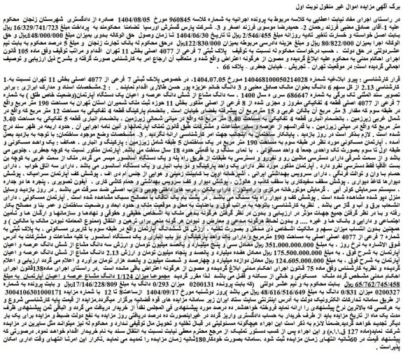 مزایده سه دانگ مشاع از شش دانگ عرصه و اعیان یک دستگاه آپارتمان(وضعیت خاص طلق ) به شماره 7 فرعی از 4077 اصلی قطعه 4 تفکیکی مفروز و مجزی شده از 8 فرعی از اصلی