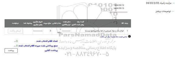 مزایده انواع رنگ و مواد شیمیایی از خط برگشتی